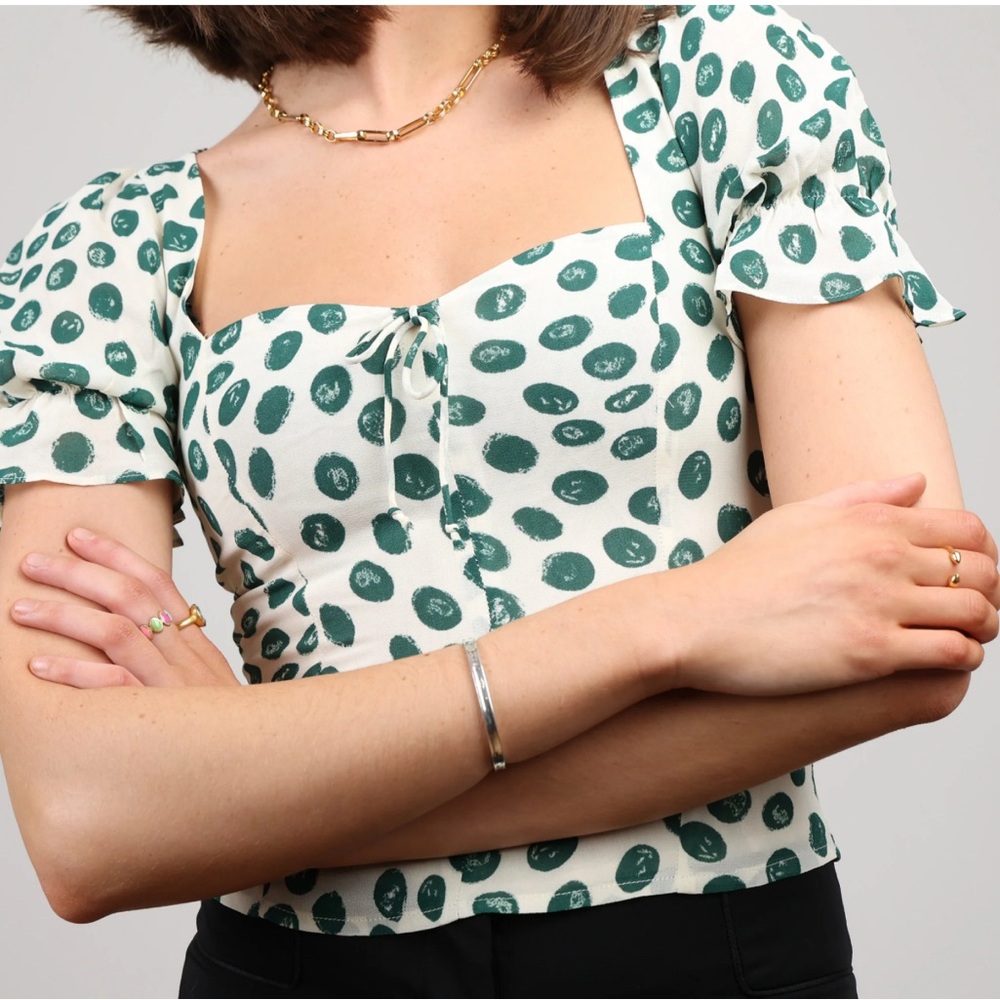 Reformation White Top with Green Dot Print